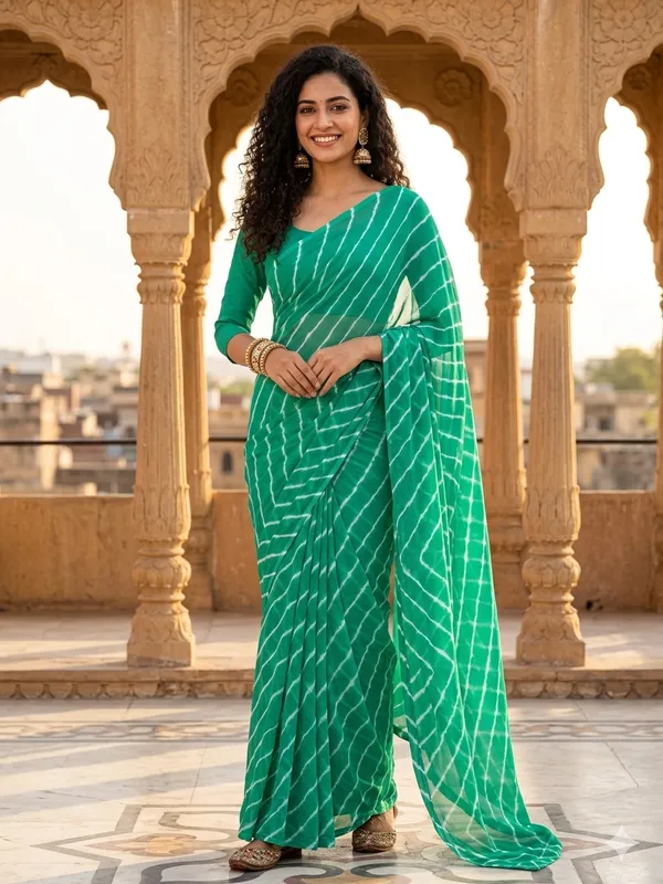 Sea_green_white_Hand_Leheriya_Light_Weight_Saree_With_Blouse_For_Women