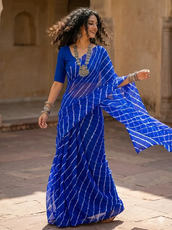 Blue_white_Hand_Leheriya_Light_Weight_Saree_With_Blouse_For_Women