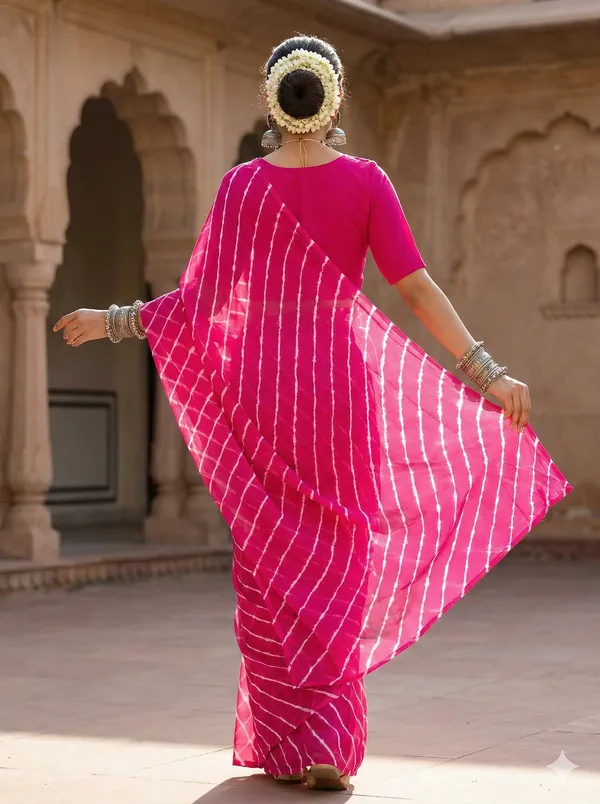 Rani_white_Hand_Leheriya_Light_Weight_Saree_With_Blouse_For_Women