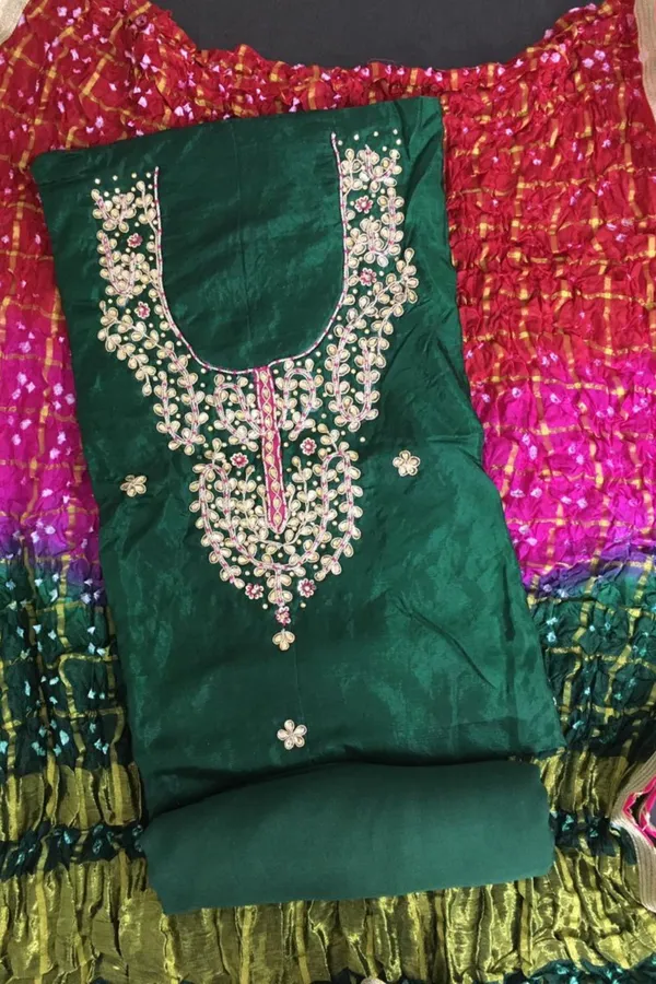 Four_piece_green_Unstitched_Art_Silk_Suits