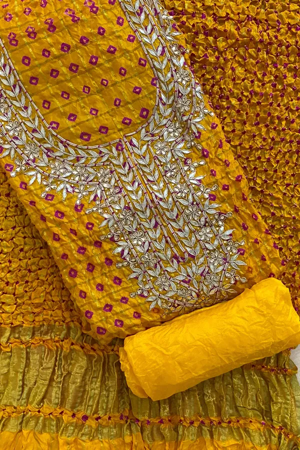 Four_piece_Yellow_Unstitched_Art_Silk_Suits