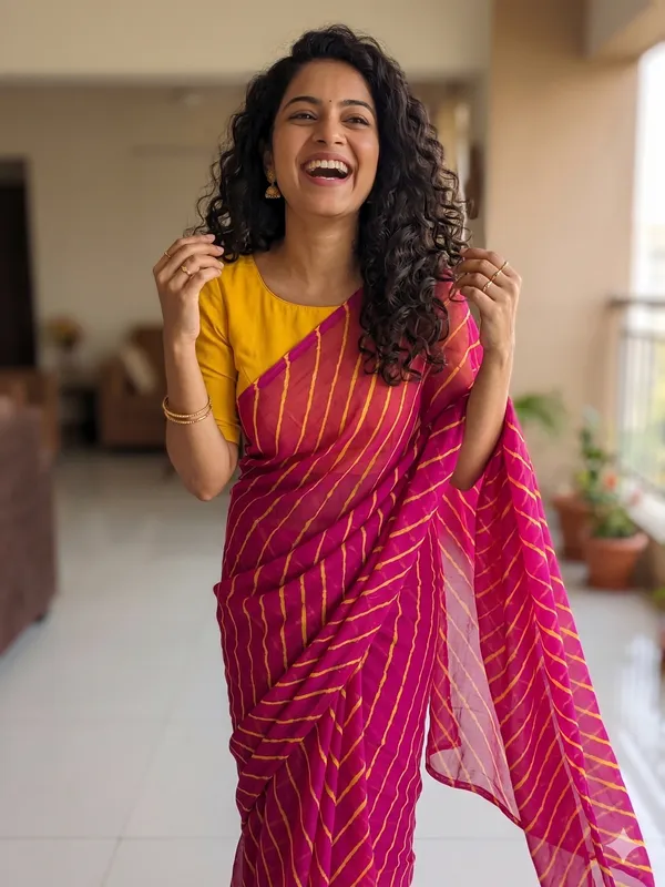 Rani_Yellow_Hand_Leheriya_Light_Weight_Saree_With_Blouse_For_Women