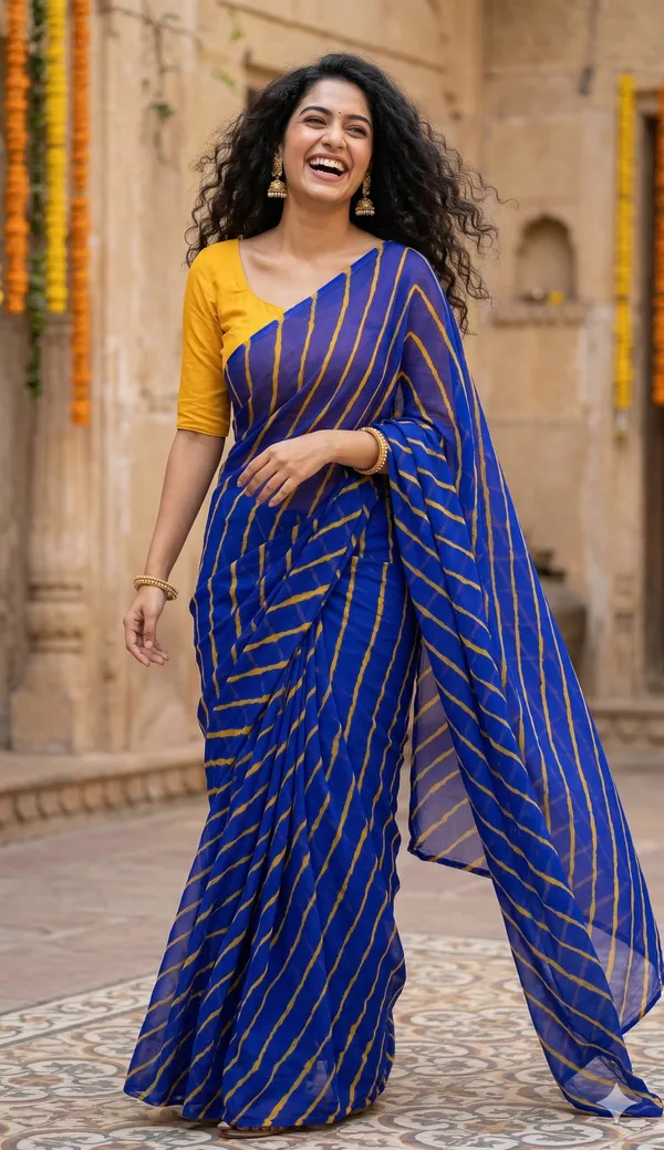 Royal_blue_Yellow_Hand_Leheriya_Light_Weight_Saree_With_Blouse_For_Women