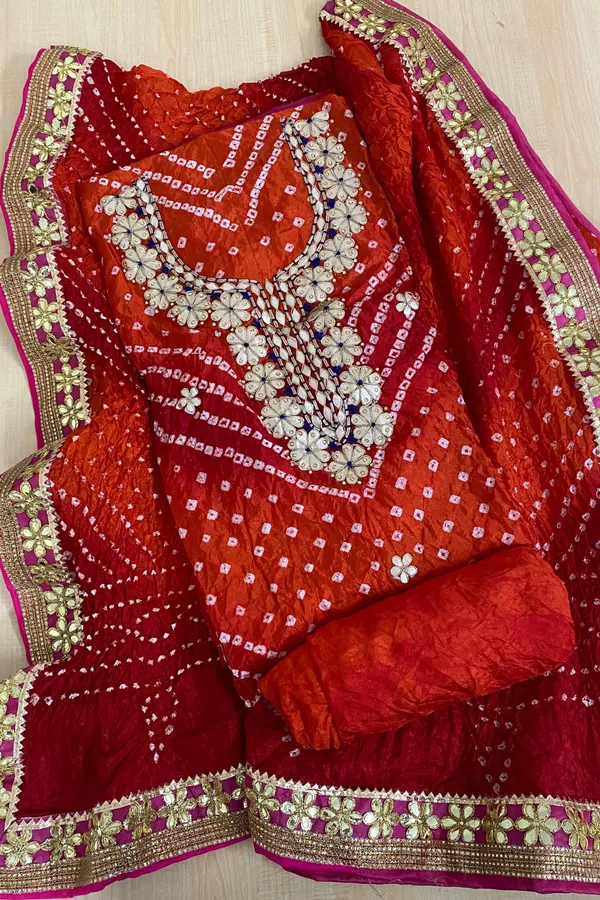 Four_piece_Big_floral_art_silk_suit-Orange_Red