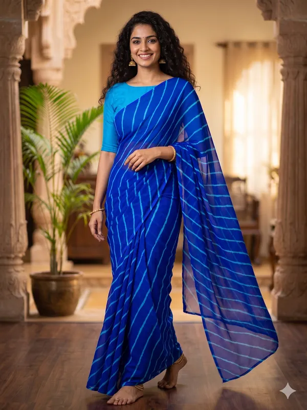 Royal_blue_firozi_Hand_Leheriya_Light_Weight_Saree_With_Blouse_For_Women
