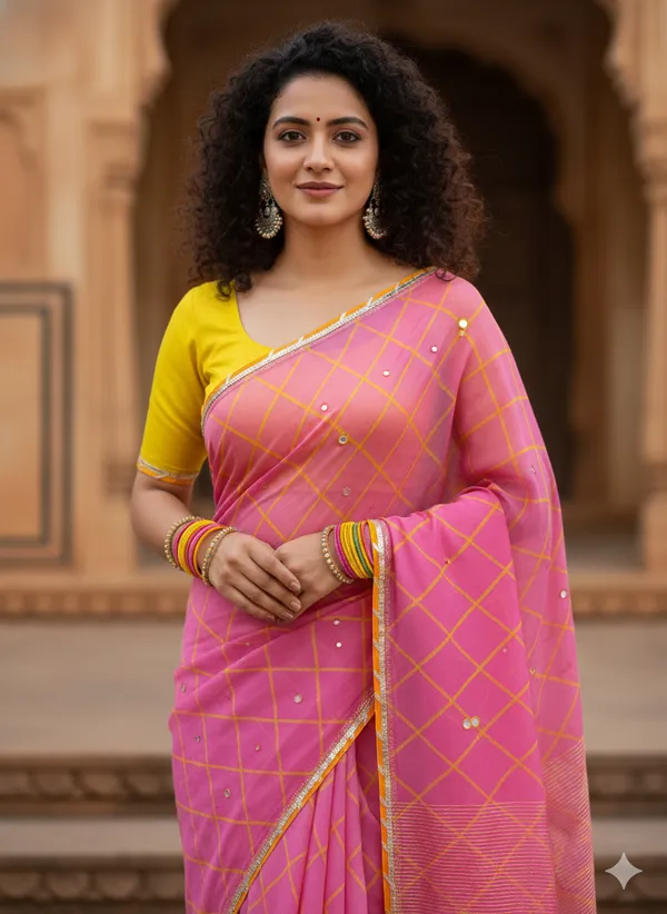 MIRROR_WORK_LEHERIYA_SAREE-PINK_YELLOW