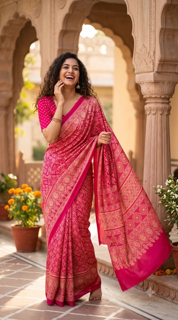 Gajji_silk_saree_with_handblock_print_and_bandhani_blouse_
