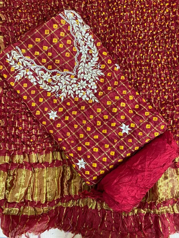 Four_pieces_Red_maroon_Gharchola_Unstitched_Art_Silk_Suits
