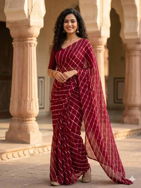 Maroon_white_Hand_Leheriya_Light_Weight_Saree_With_Blouse_For_Women