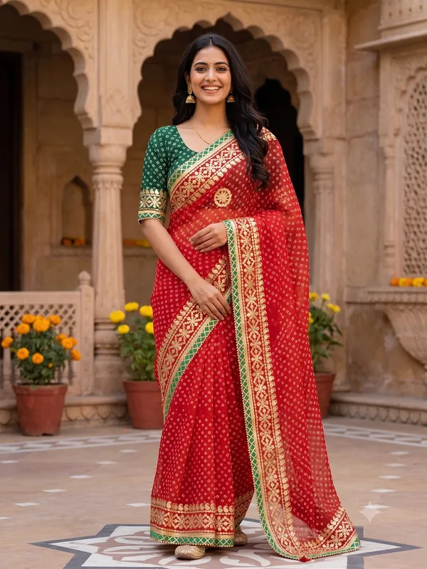 Heavy_Work_Saree_in_Kota_Doriya_With_Contrast_Blouse_Piece