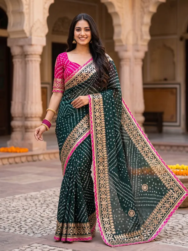 Heavy_Work_Saree_in_Kota_Doriya_With_Contrast_Blouse_Piece