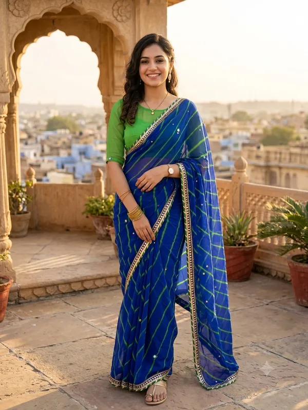Mirror_work_leheriya_saree_-_Royal_Blue_Green