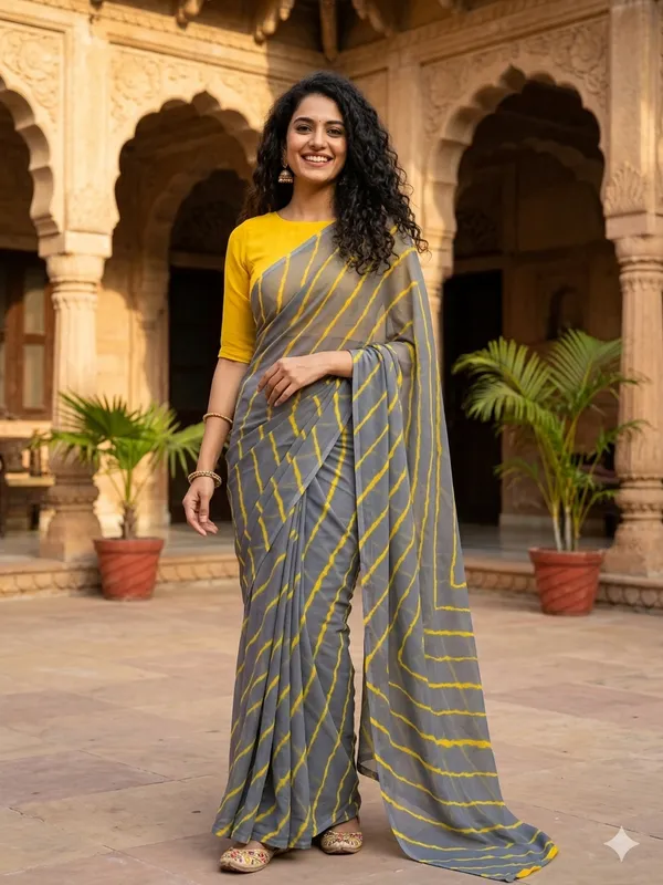 Grey_yellow_Hand_Leheriya_Light_Weight_Saree_With_Blouse_For_Women