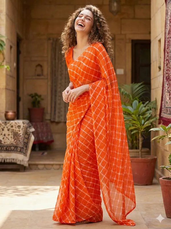 Orange_White_Hand_Leheriya_Light_Weight_Saree_With_Blouse_For_Women