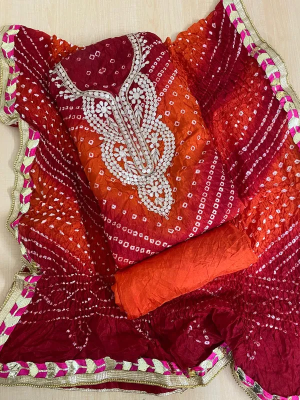 Three_piece_Orange_Red_Unstitched_Art_Silk_Suits