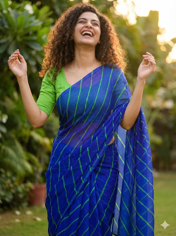Royal_blue_green_Hand_Leheriya_Light_Weight_Saree_With_Blouse_For_Women