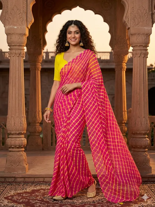 Pink_yellow_Hand_Leheriya_Light_Weight_Saree_With_Blouse_For_Women