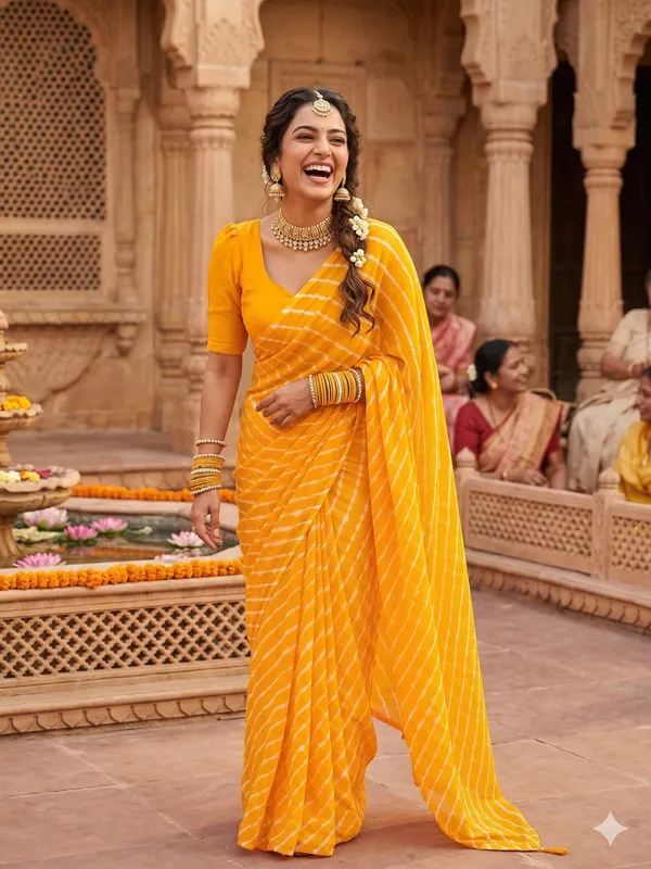 Yellow_White_Hand_Leheriya_Light_Weight_Saree_With_Blouse_For_Women