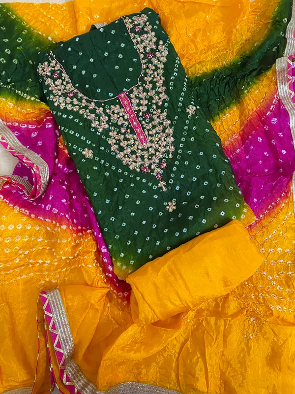 Three_piece_Green_shaded_bottom_work_Unstitched_Art_Silk_Suits