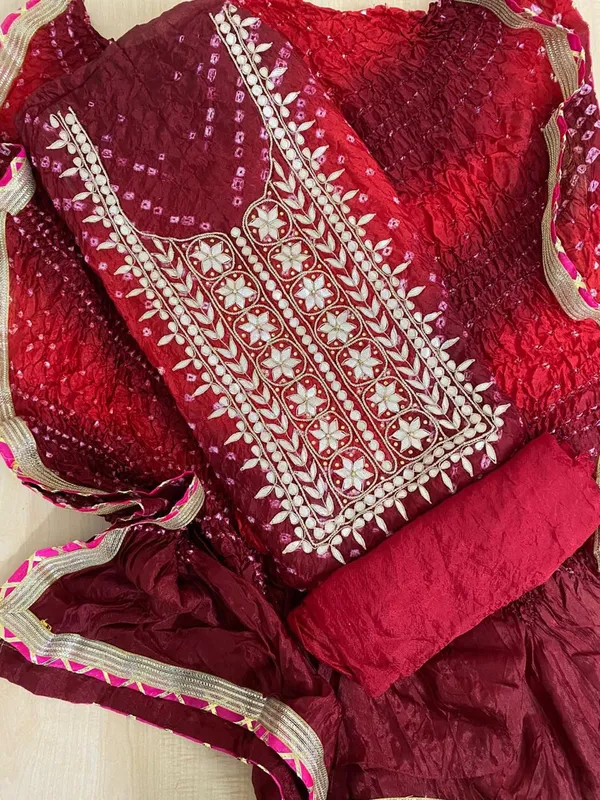 Four_piece_Red_Unstitched_Art_Silk_Suits