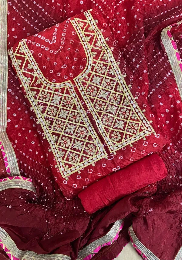 Four_piece_Red_Unstitched_Art_Silk_Suits