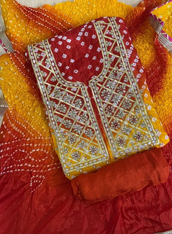 Four_piece_Red_Yellow_Unstitched_Art_Silk_Suits