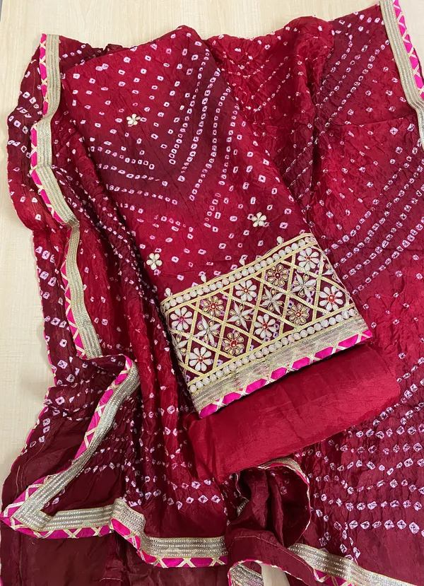 Four_piece_Red_shaded_bottom_work_Unstitched_Art_Silk_Suits