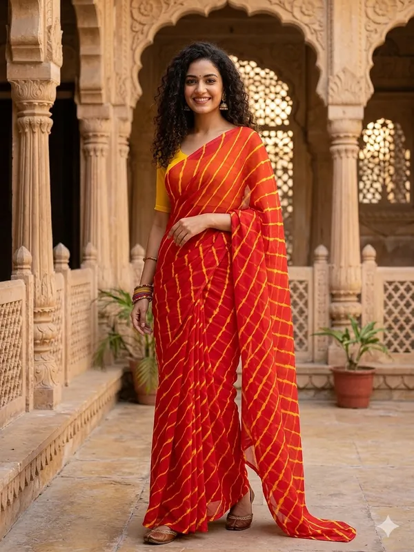 Red_yellow_Hand_Leheriya_Light_Weight_Saree_With_Blouse_For_Women