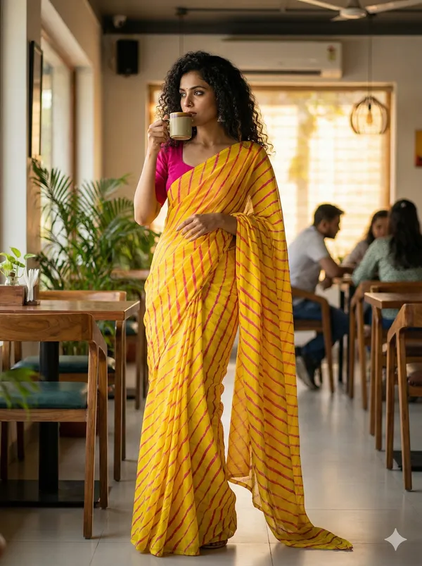 Lemon_Rani_Hand_Leheriya_Light_Weight_Saree_With_Blouse_For_Women