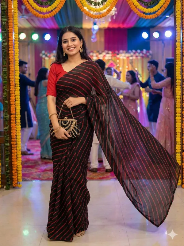 Black_red_Hand_Leheriya_Light_Weight_Saree_With_Blouse_For_Women