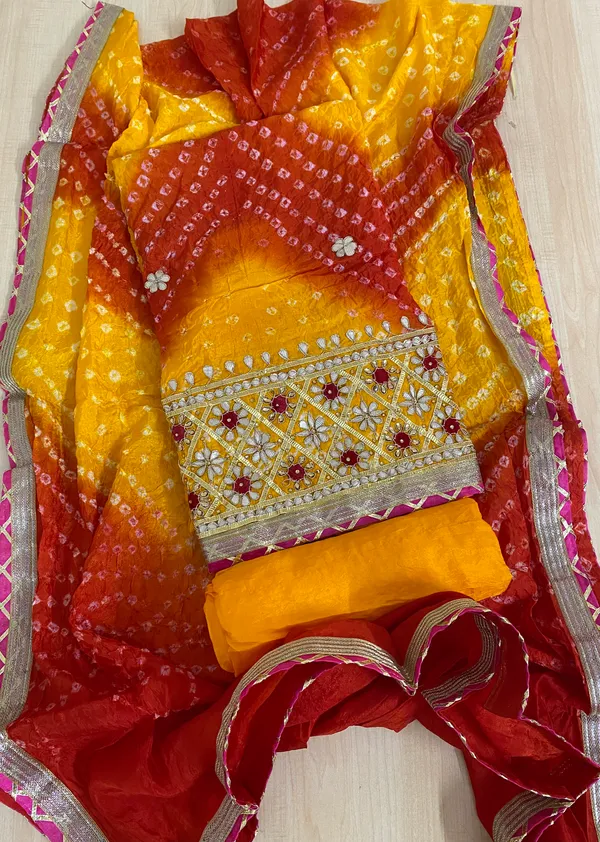 Four_piece_Yellow_shaded_bottom_work_Unstitched_Art_Silk_Suits