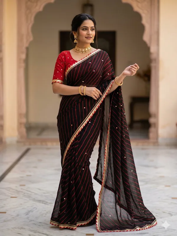 Mirror_work_leheriya_saree_-_Red_black