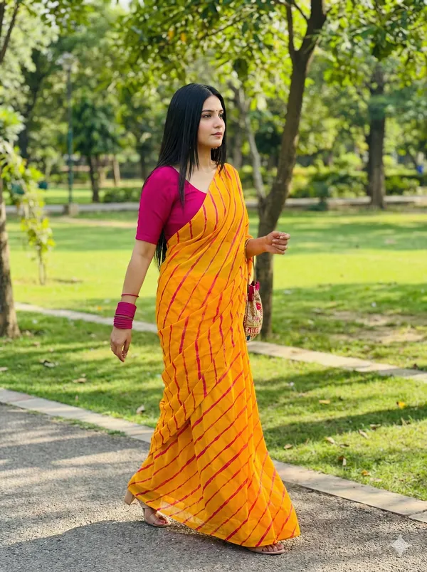 Orangish_Yellow_Rani_Hand_Leheriya_Light_Weight_Saree_With_Blouse_For_Women