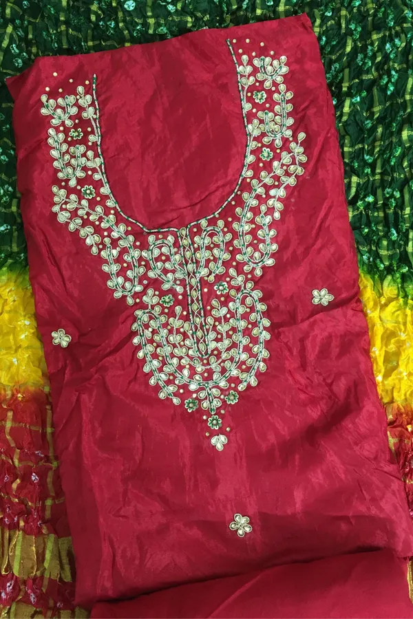 Four_piece_Red_Unstitched_Art_Silk_Suits