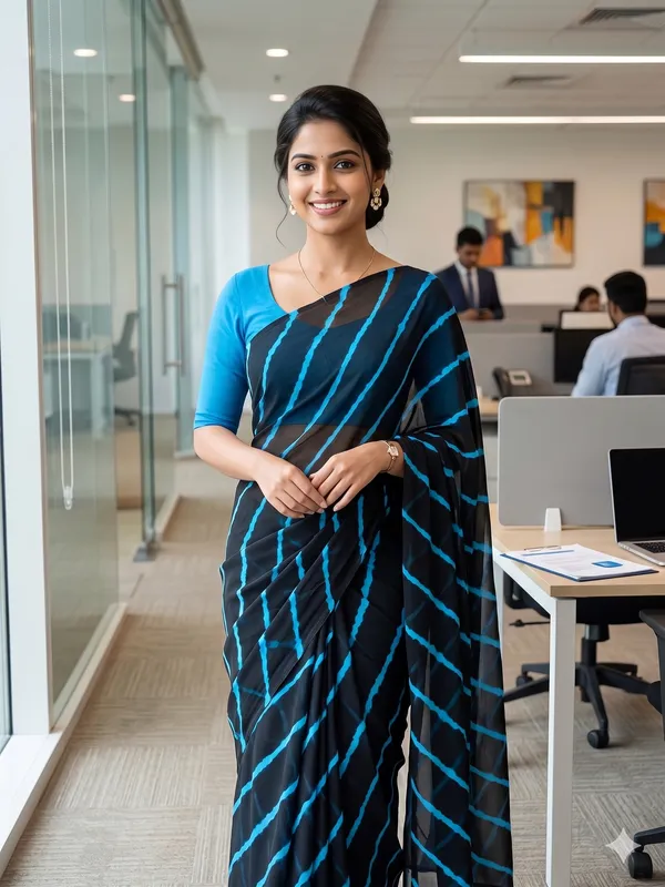 Black_Firozi_Hand_Leheriya_Light_Weight_Saree_With_Blouse_For_Women