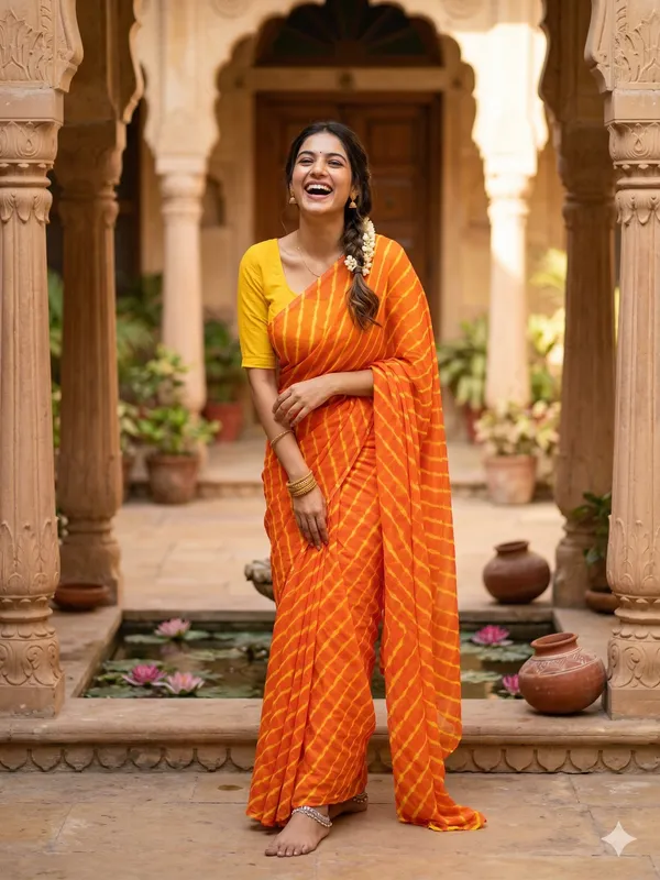 Orange_yellow_Leheriya_Light_Weight_Saree_With_Blouse_For_Women