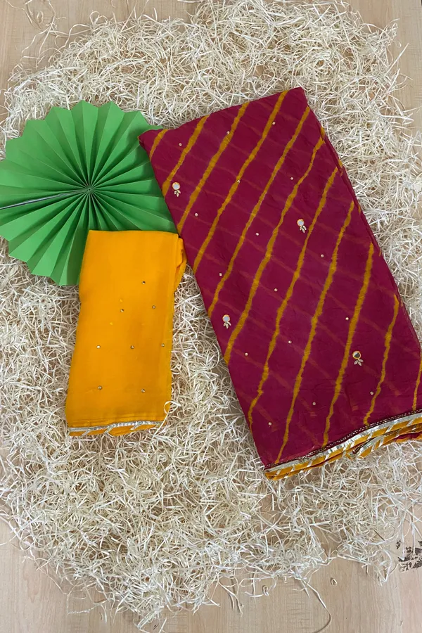 Mirror_work_leheriya_saree_-_Red_yellow
