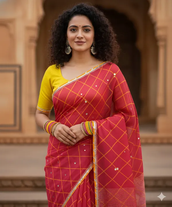 Mirror_work_leheriya_saree_-_Red_yellow