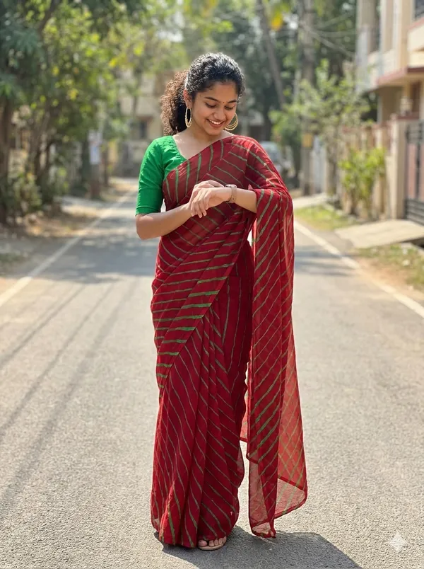 Red_Green_Hand_Leheriya_Light_Weight_Saree_With_Blouse_For_Women