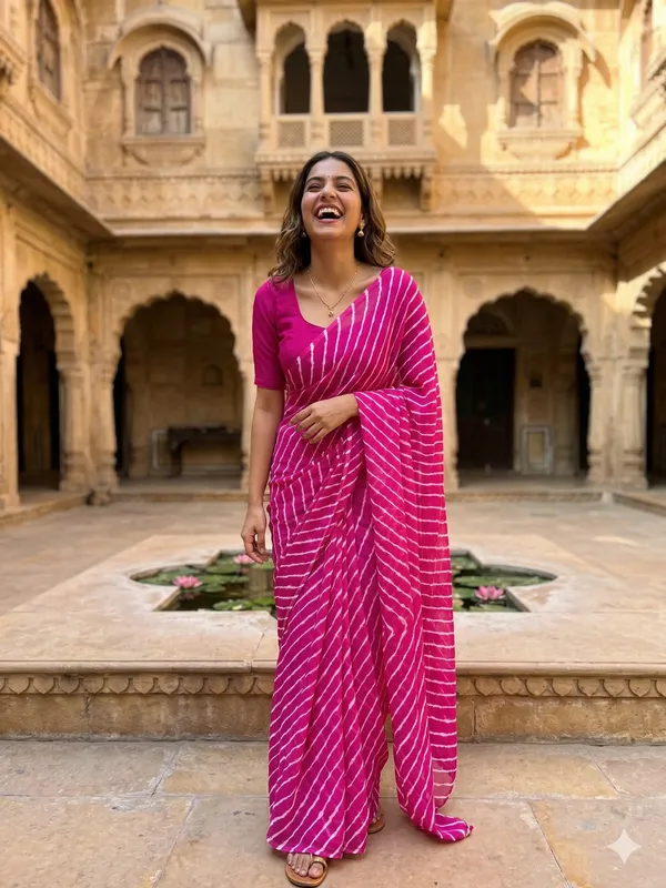 Pink_white_Leheriya_Nazmeen_Chiffon_Light_Weight_Saree_With_Blouse_For_Women