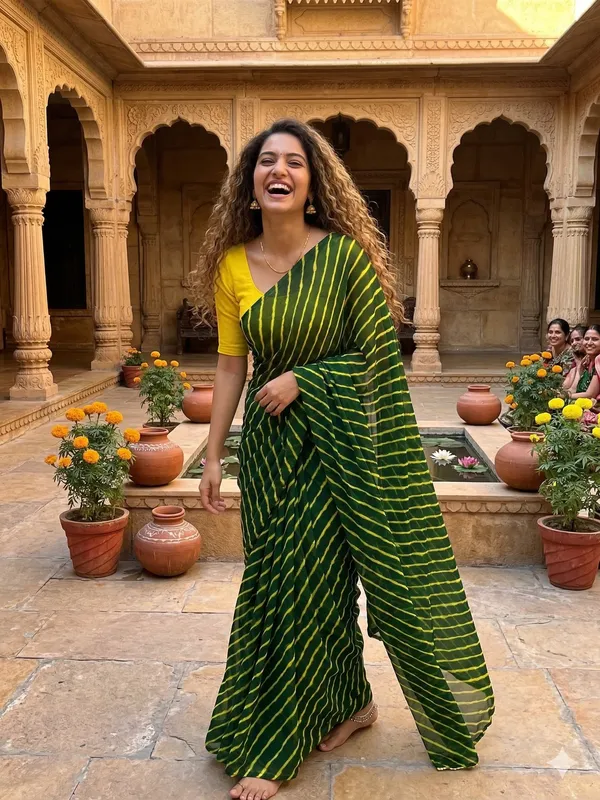 Dark_green_Lemon_Hand_Leheriya_Light_Weight_Saree_With_Blouse_For_Women
