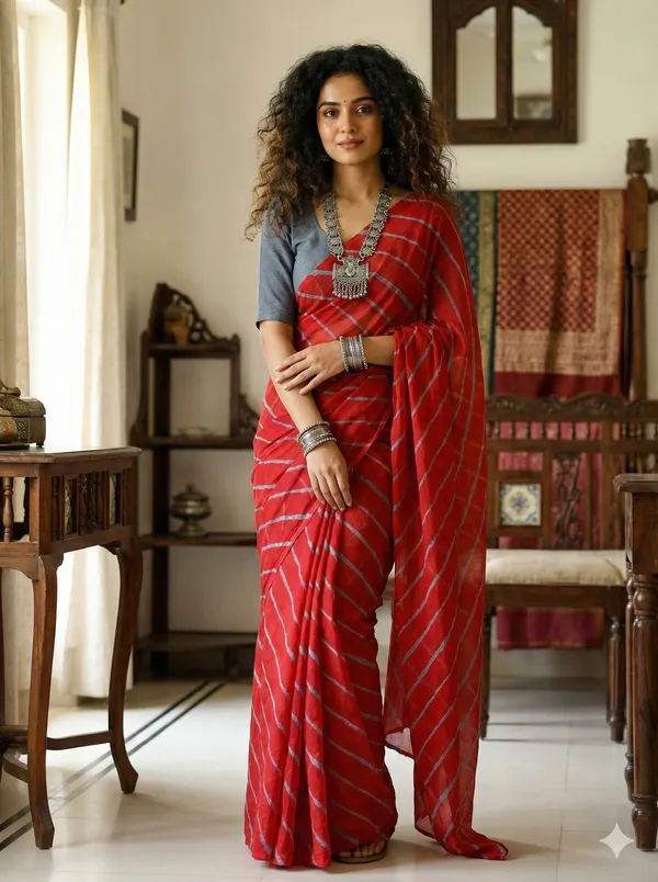 Red_Grey_Hand_Leheriya_Light_Weight_Saree_With_Blouse_For_Women