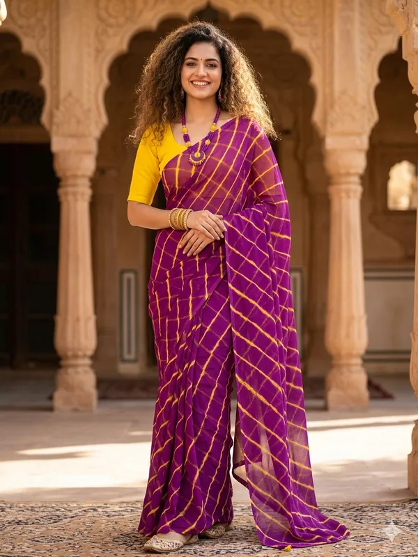 Wine_yellow_Hand_Leheriya_Light_Weight_Saree_With_Blouse_For_Women