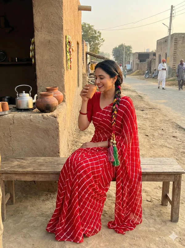 Red_White_Hand_Leheriya_Light_Weight_Saree_With_Blouse_For_Women