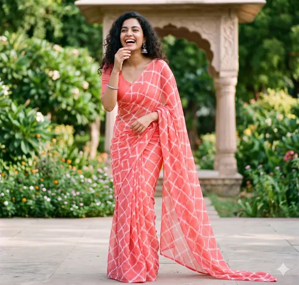 Gajri_white_Hand_Leheriya_Light_Weight_Saree_With_Blouse_For_Women