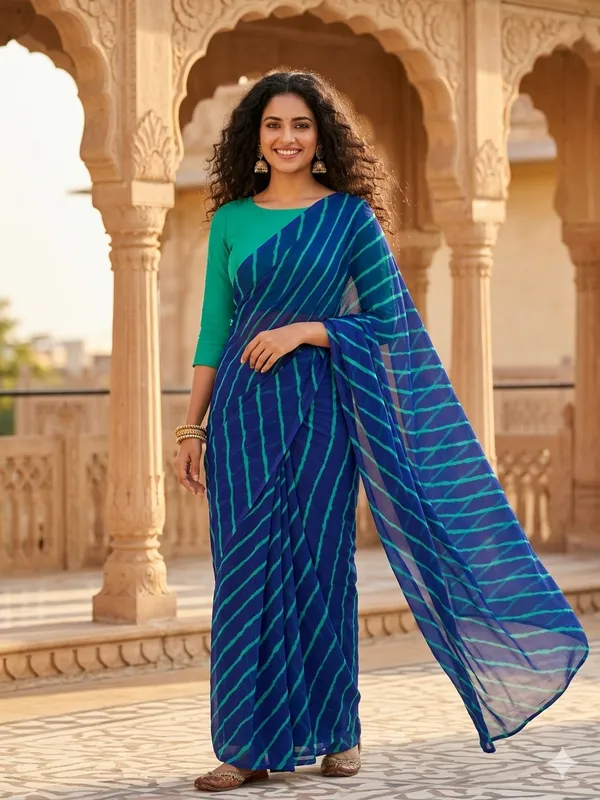 Blue_sea_green_Hand_Leheriya_Light_Weight_Saree_With_Blouse_For_Women