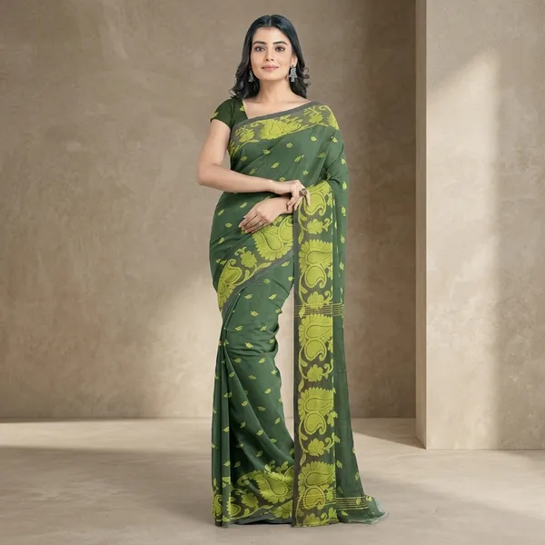 Women_S_Handloom_Cotton_Silk_Jamdani_Saree_With_Blouse_Piece_Saree_For_All_Ocassion_Deep_Green