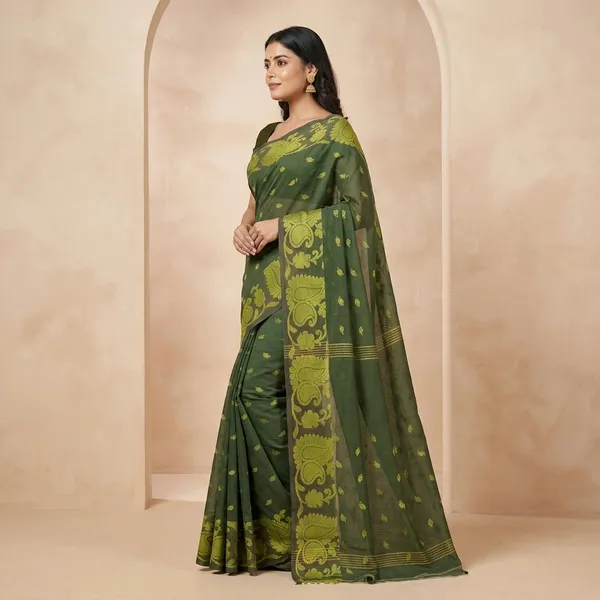 Women_S_Handloom_Cotton_Silk_Jamdani_Saree_With_Blouse_Piece_Saree_For_All_Ocassion_Deep_Green