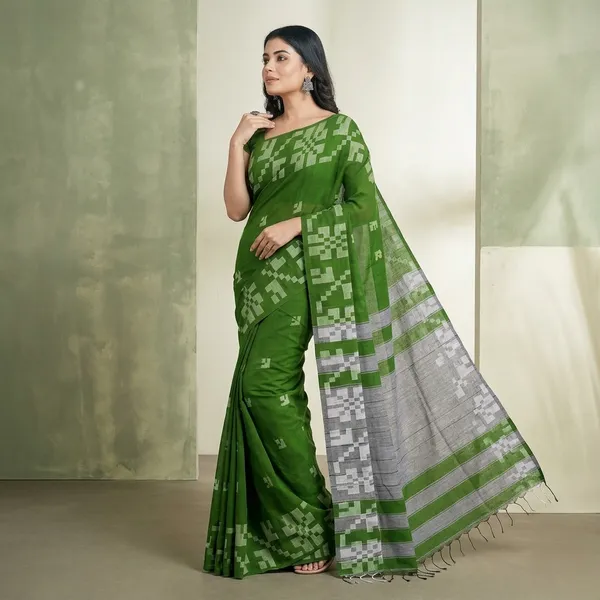 Women_S_Handloom_Cotton_Soft_Khadi_Jamdani_Saree_With_Blouse_Piece_Saree_For_All_Ocassion_Green_Woven