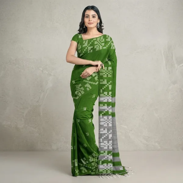 Women_S_Handloom_Cotton_Soft_Khadi_Jamdani_Saree_With_Blouse_Piece_Saree_For_All_Ocassion_Green_Woven